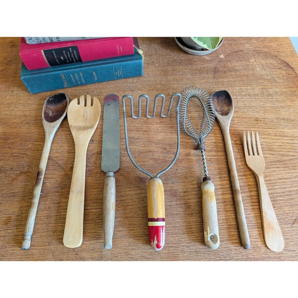 Vintage Kitchen Utensil Lot Wood Spoons Potato Masher Whisk Farmhouse Decor 7pc